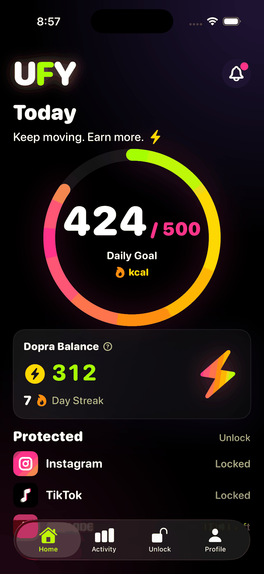 UFY home screen showing a 424 calorie goal and 312 Dopra balance