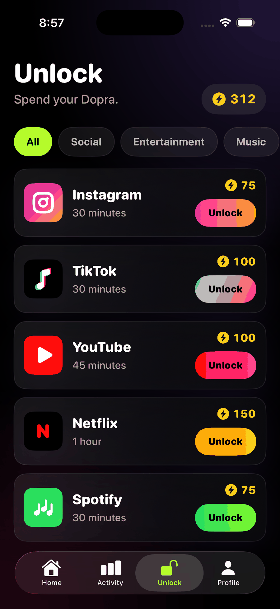 UFY unlock screen with apps available to unlock using Dopra